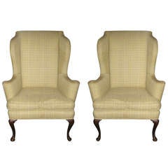 Used Pair of Queen Anne Wing Chairs with Down and Feather Seats