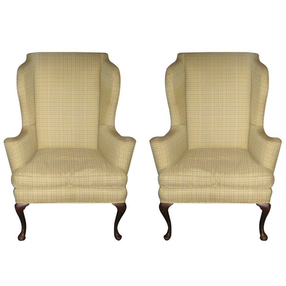 Pair of Queen Anne Wing Chairs with Down and Feather Seats For Sale