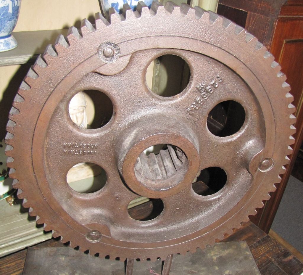 Industrial Iron Gear Mounted as Sculpture