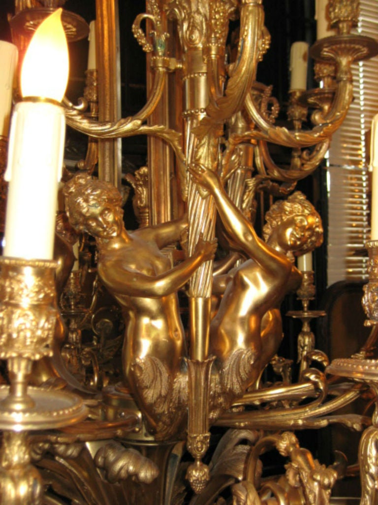 An Important Palace Size Dore Bronze Chandelier by F. Barbedienne [French 1810-1892] with six female figures and three-tiers of twelve, six and nine candle arms. 