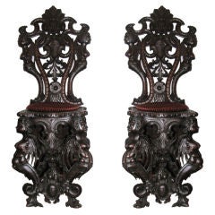 Antique Pair of 19th Century Italian Carved Walnut Sgabello Chairs