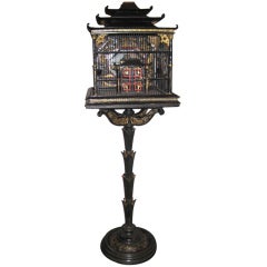 Chinese Black Lacquer and Parcel Gilt Birdcage and Stand