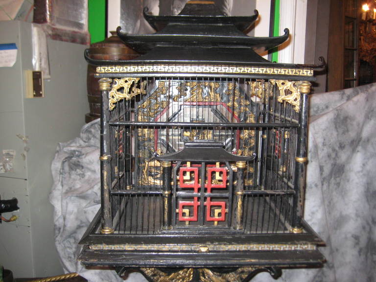 Chinese Black Lacquer and Parcel Gilt Birdcage and Stand