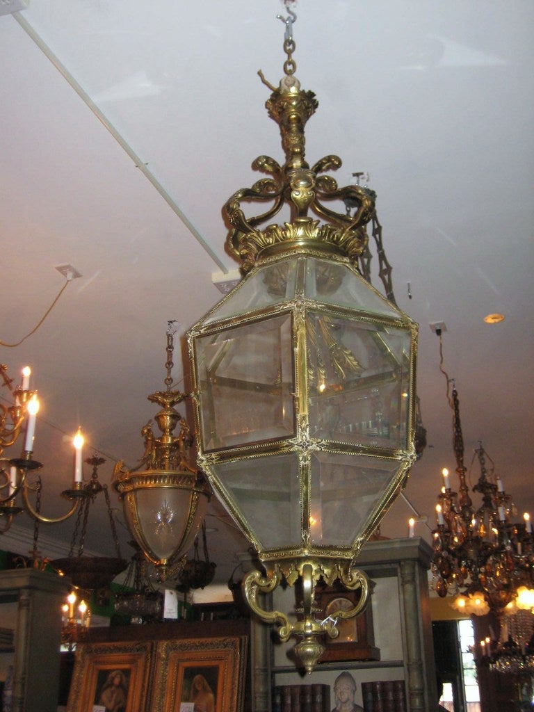 French Bronze and Beveled Glass Lantern, Probably Paris, circa 1900