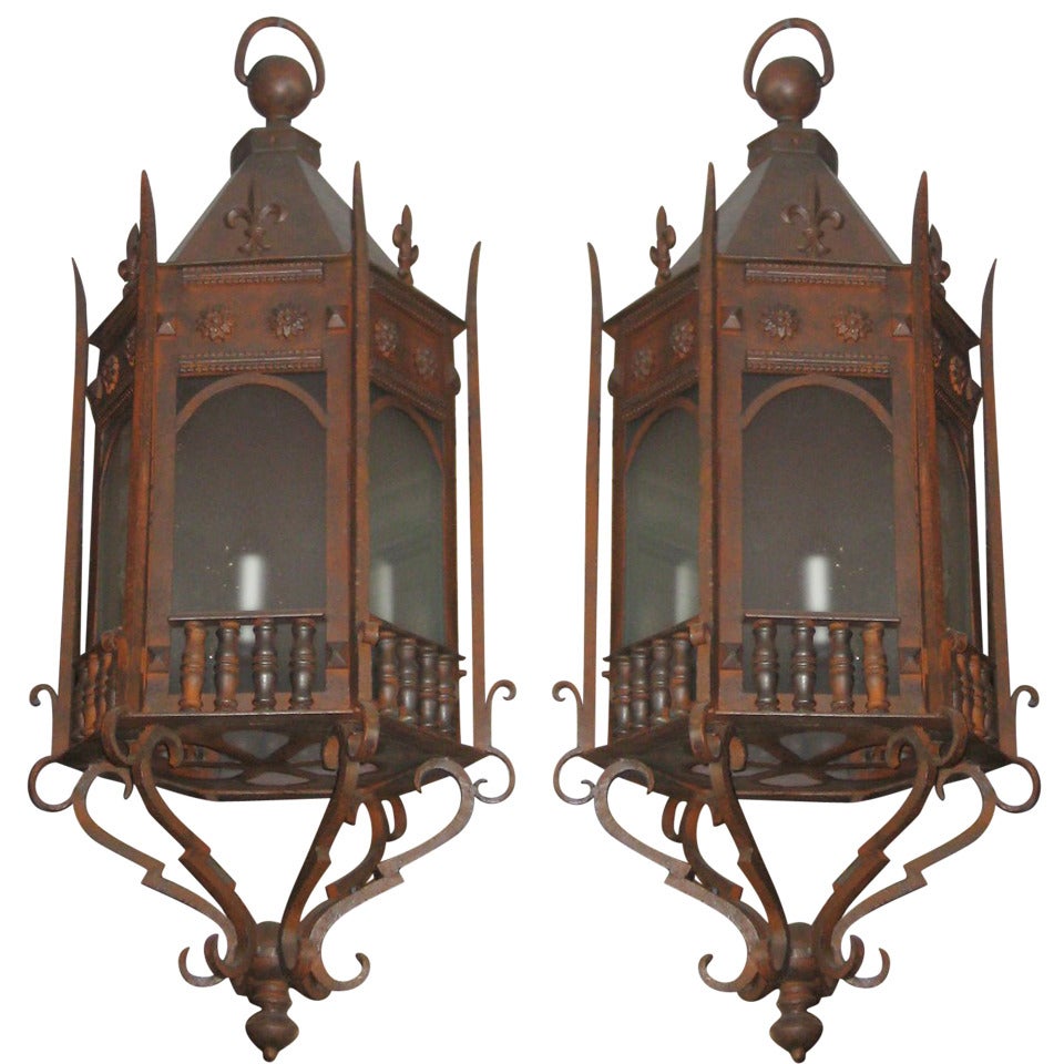 Pair of French Cast Iron Hexagonal Lanterns For Sale