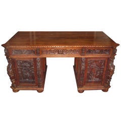 Renaissance Carved Oak Double Pedestal Desk