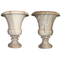 Pair of White Marble Campana Form Garden Urns