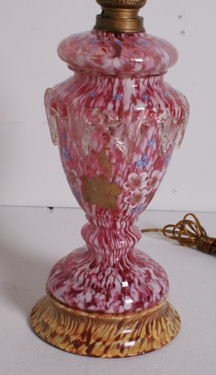 Pair of early Murano glass and enamel decorated oil lamps