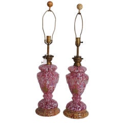 Antique Pair of early Murano glass and enamel decorated oil lamps