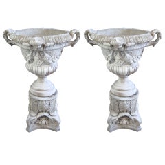 Pair of French Cast Stone Garden Urns and Pedestals