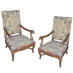 Antique Pair of 19th Century Louis XV style Carved Walnut Fauteuils
