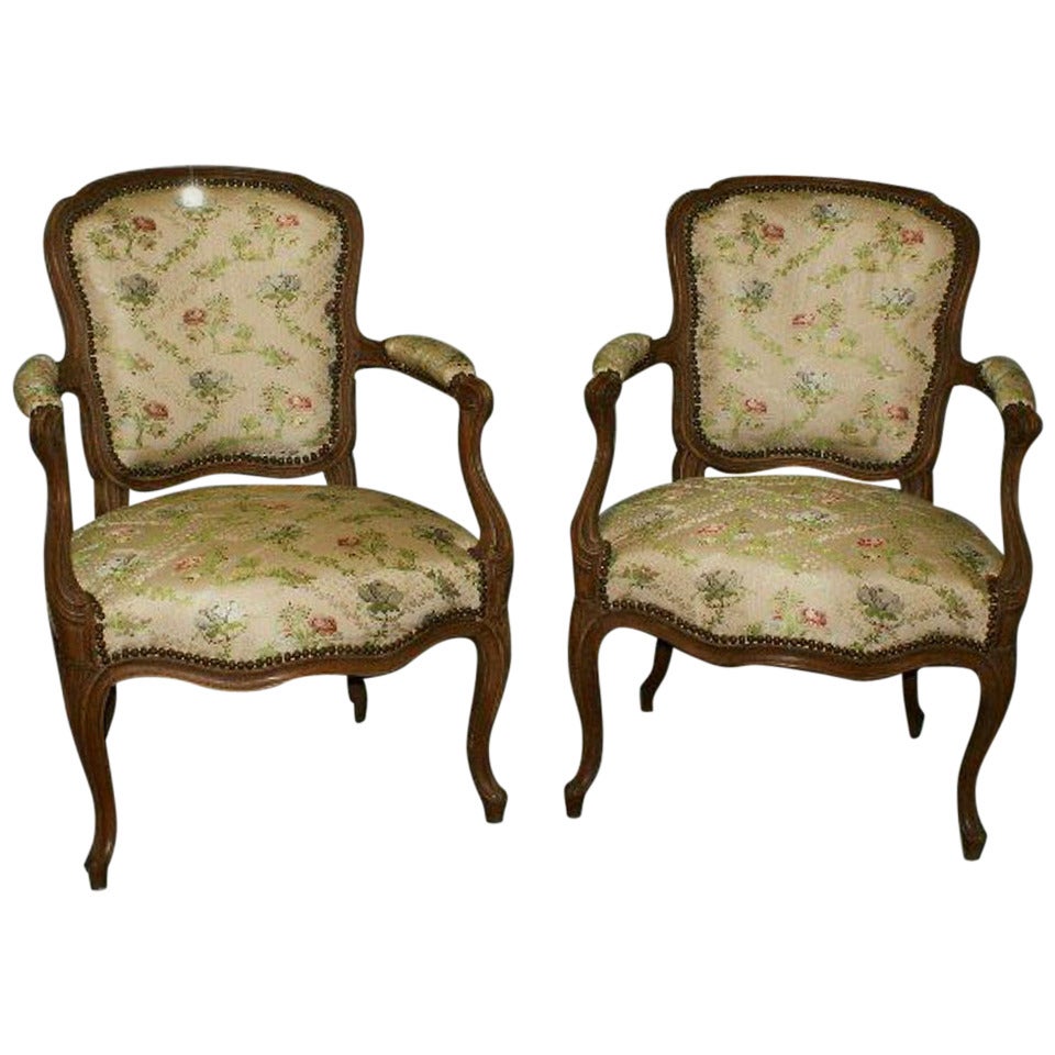 Pair of 19th c. French Louis XV Carved Fauteuils For Sale