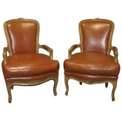 Pair of French Louis XV Leather Upholstered Fauteuils