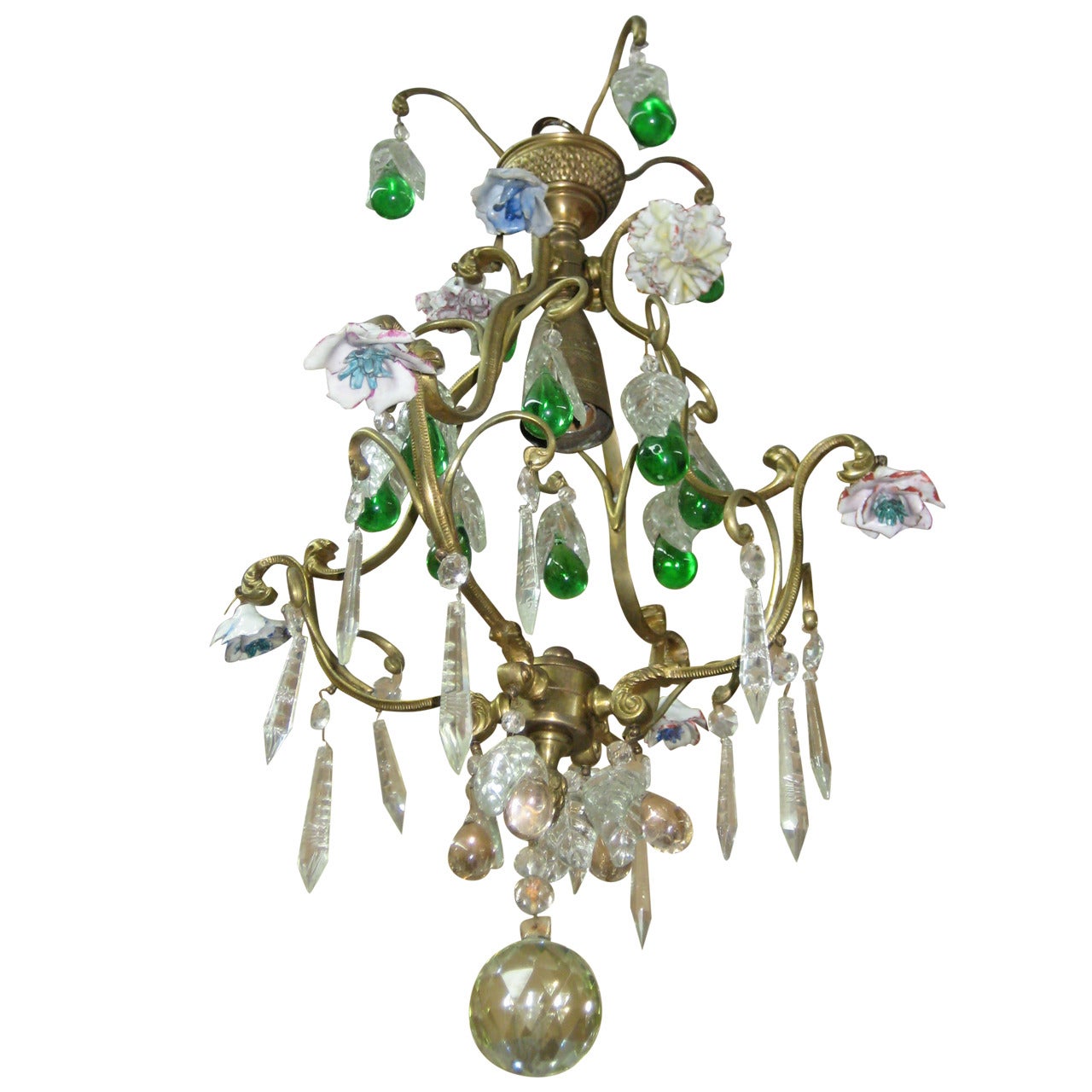 Fine Bronze and Crystal and Porcelain Chandelier For Sale