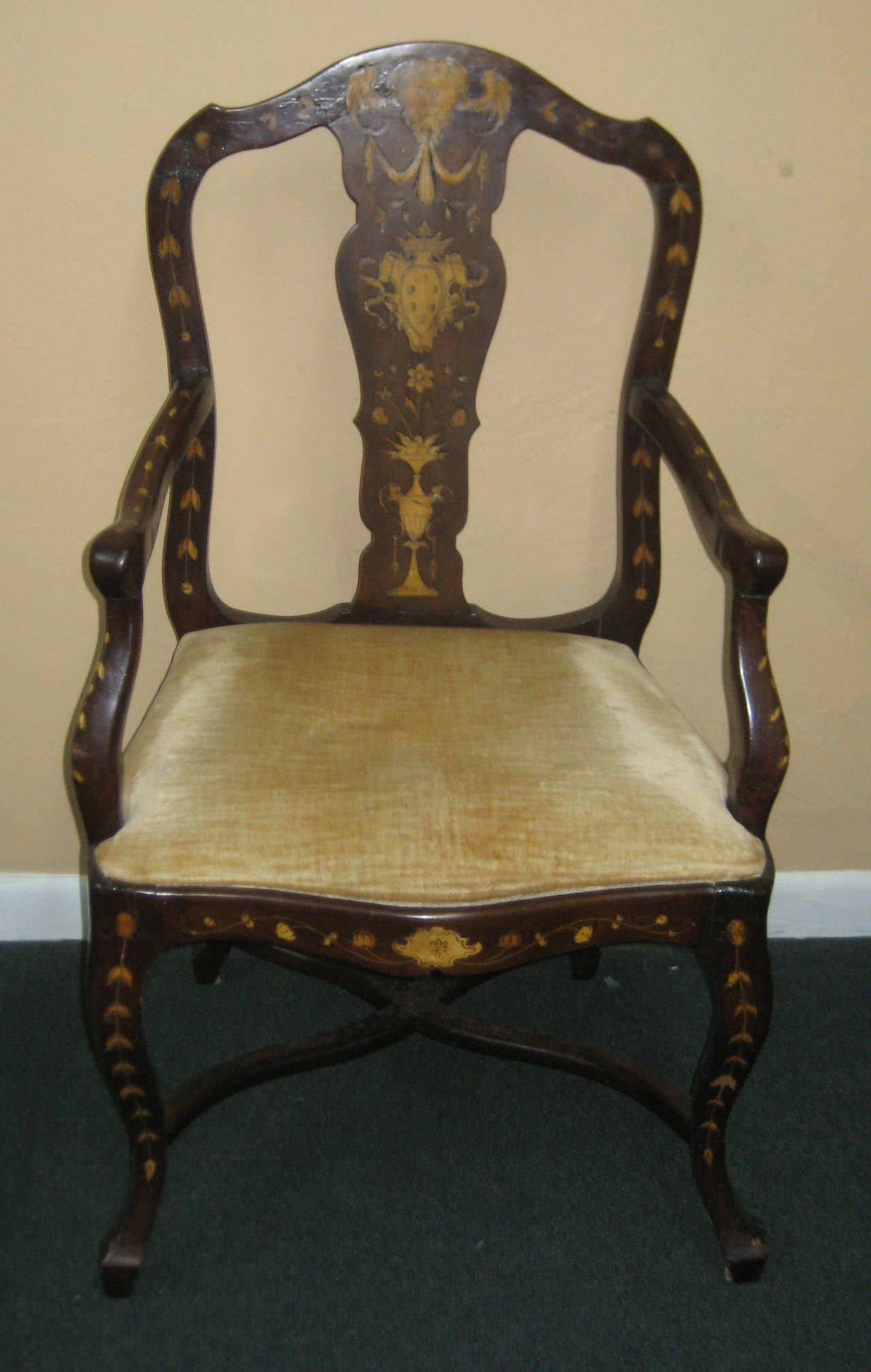 Rococo Dutch Mahogany and Marquetry Inlaid Armchair For Sale