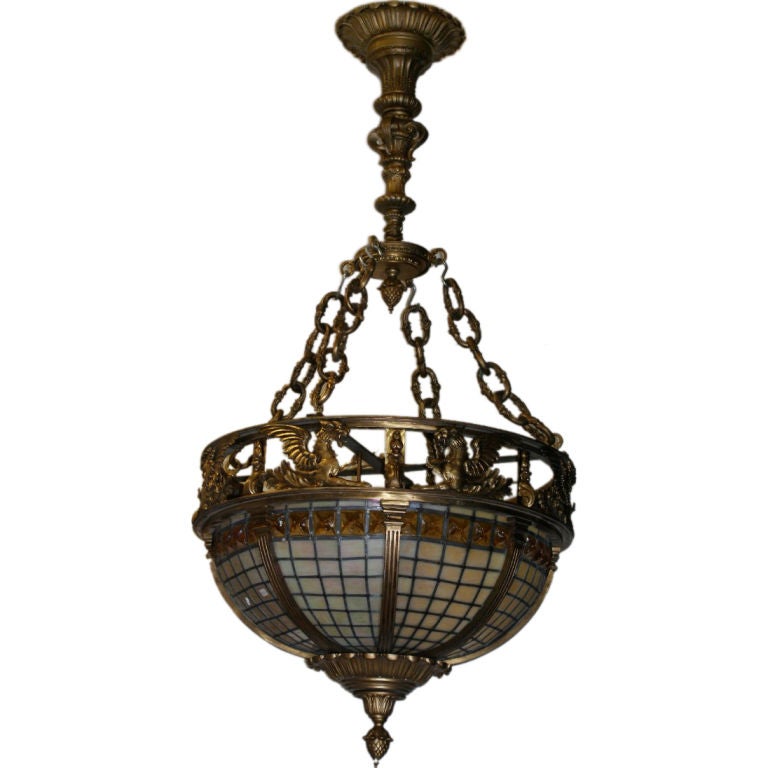 "Turtleback" Tile and Leaded Glass Bronze Chandelier For Sale