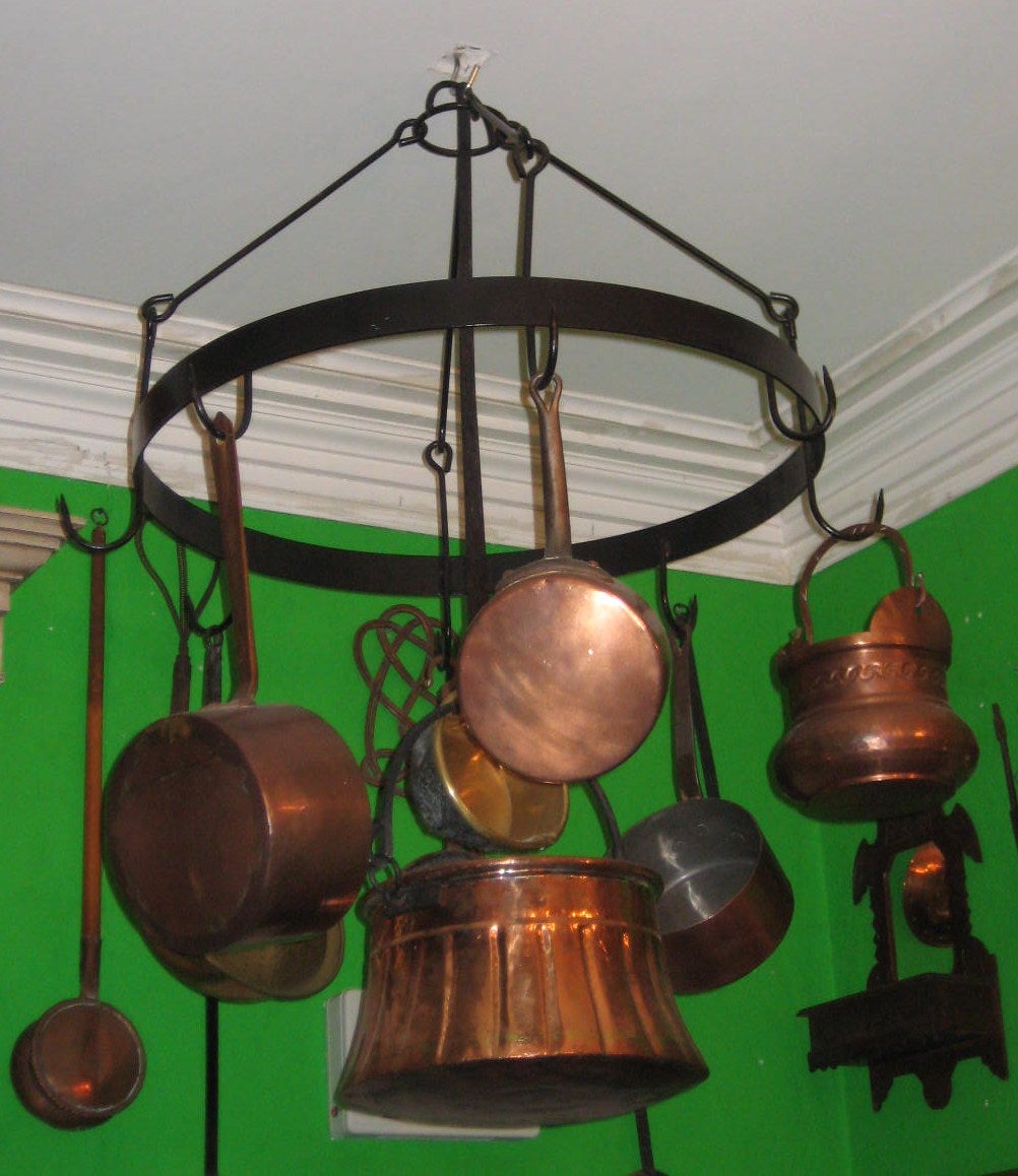 Antique Iron Hanging Pot Rack with 8 Antique Copper Pots