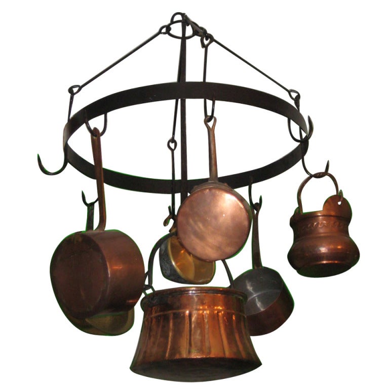 Antique Iron Hanging Pot Rack with 8 Antique Copper Pots at 1stdibs