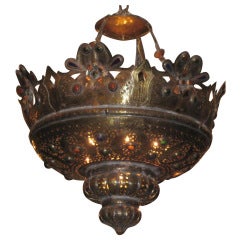 Large Moroccan Engraved Brass and Jeweled Chandelier (E810)