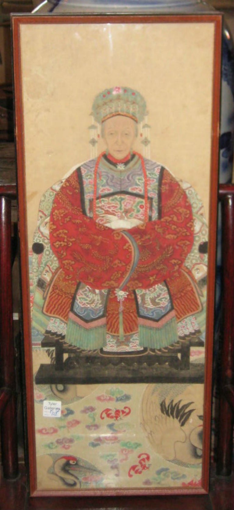 Pair of Early Chinese Emperor & Empress watercolors and ink on paper, each seated and wearing ceremonial robes with 1st rank badges. 

Note: The use of square badges, sewn on the front and back of ceremonial robes of civil and military officers