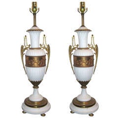 Pair of Bisque and Bronze Two Handle Lamps