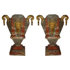 Pair of Art Deco three-color marble and gilt-bronze mounted urns. (K23)