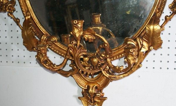Rococo 19th C carved wood and gilt gesso figural girandole mirror (K26)
