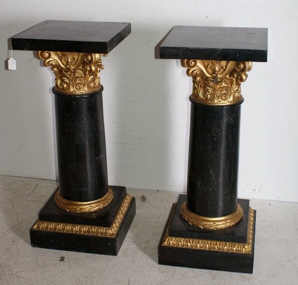 Pair of Continental marble veneer and gilt-wood carved Corinthian pedestals
