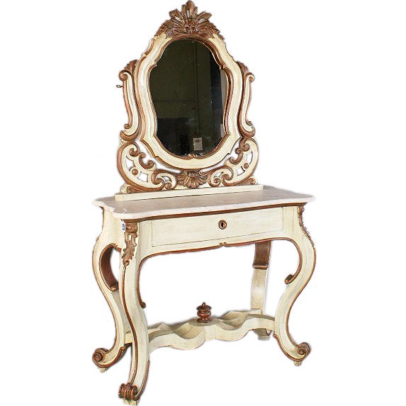 Italian carved and painted marble-top vanity and mirror. H:67.5