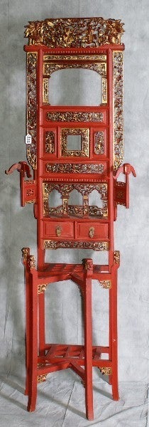 Chinese carved red lacquer and parcel gilt basin stand