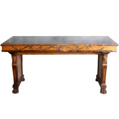 (K117) Tooled leather top carved base tiger satinwood desk