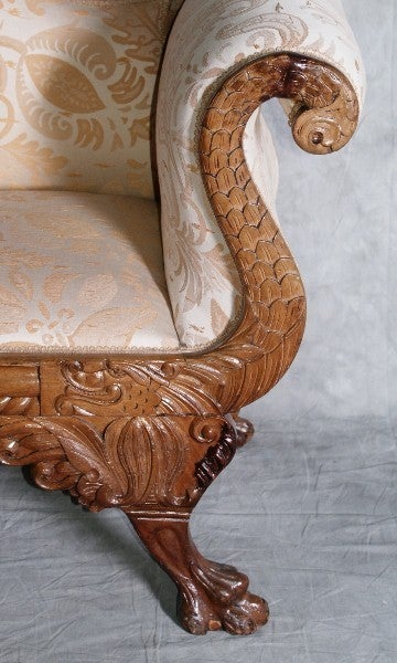 French 19th c. Empire carved mahogany settee with paw feet - REDUCED