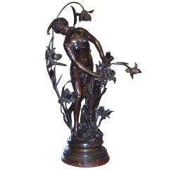 Large Art Nouveau Bronzed Figural Lamp, Math. Moreau