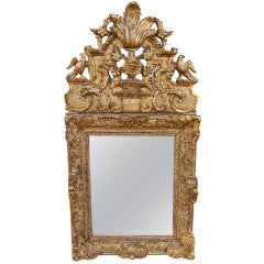18th C.  Small French Gold Mirror with Birds and Flowers