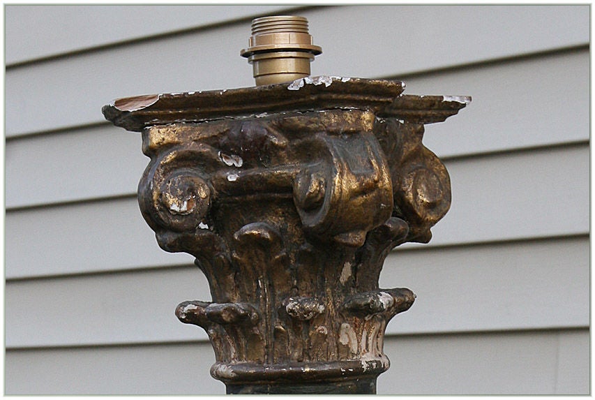 French Polychrome Wooden Column Floor Lamp with Shade