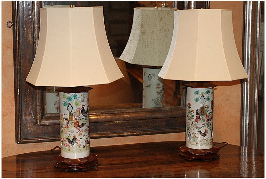 Beautiful and fine pair of 19th century Chinese export porcelain wig stands with hand-painted roosters converted into lamps and now electrified for US current with a custom-made base and cap, circa 1890.