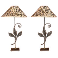 Pair of Cast Iron Lamps with Leopard Lampshades