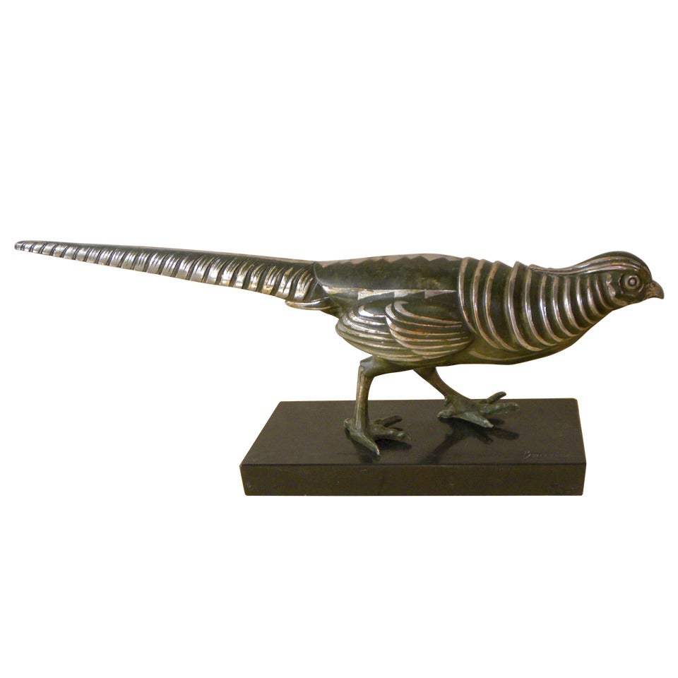 Bouraine Pheasant Statue with Cold Painted Bronze Details