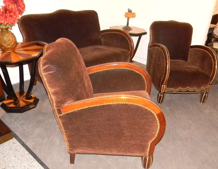 Wood Important French Art Deco Sofa Settee and Chairs