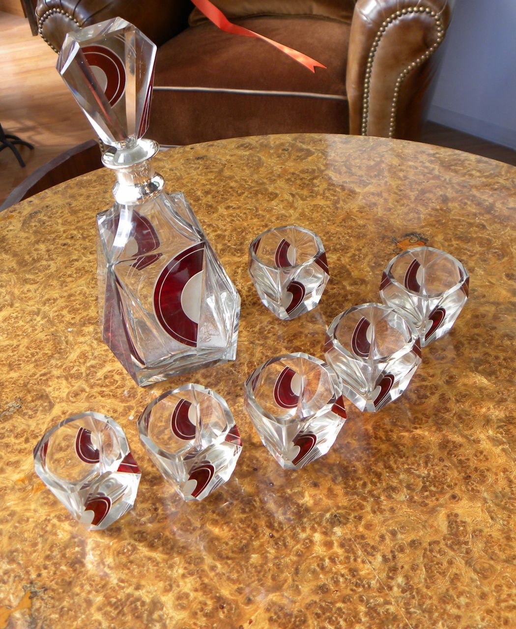 Very Rare Original Art Deco Czech Whisky Decanter Set 1930s in Ruby Red