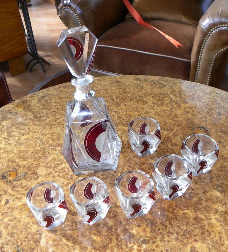 Very Rare Original Art Deco Czech Whisky Decanter Set 1930s in Ruby Red 1