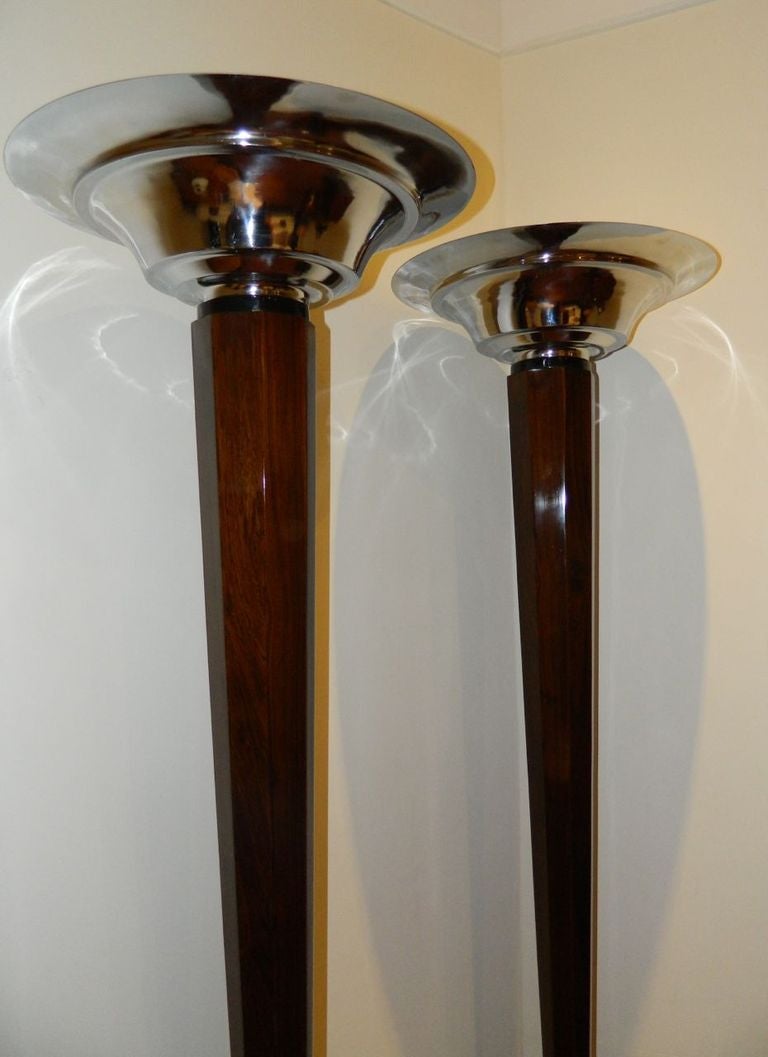 Argentine Spectacular Faceted Art Deco Wood Tall Floor Lamps Torchiers