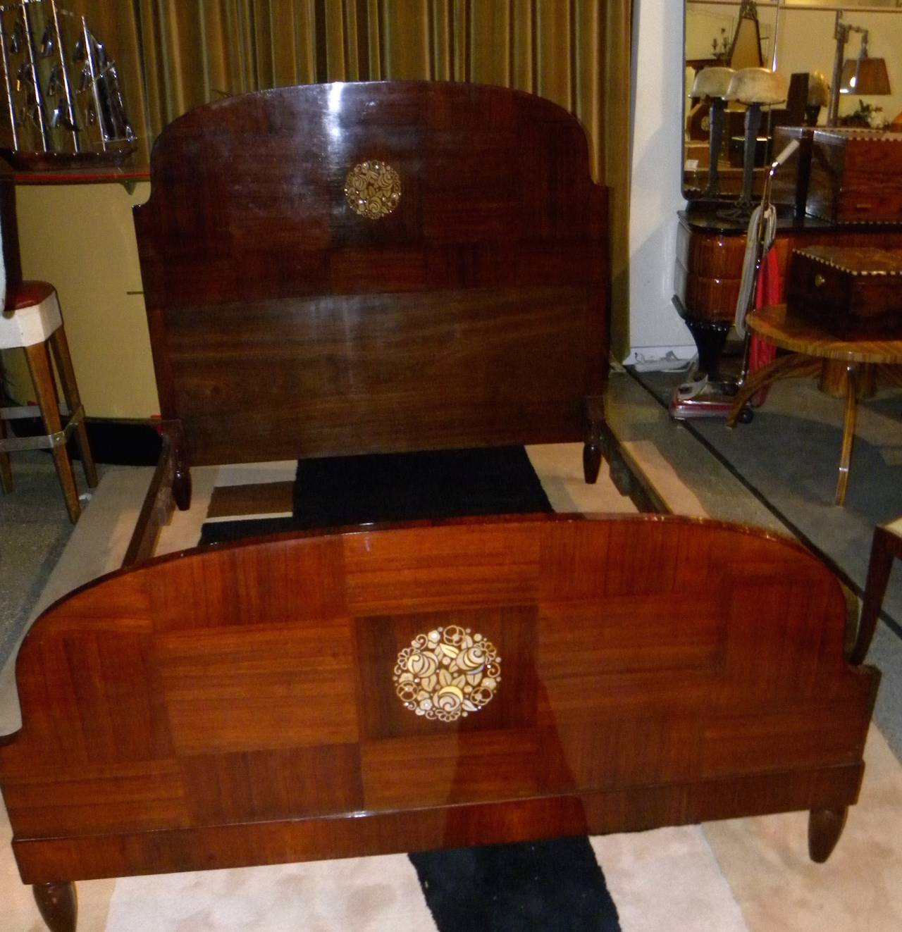 French Beautiful Mahogany Art Deco Bed with Marquetry from the 1920s