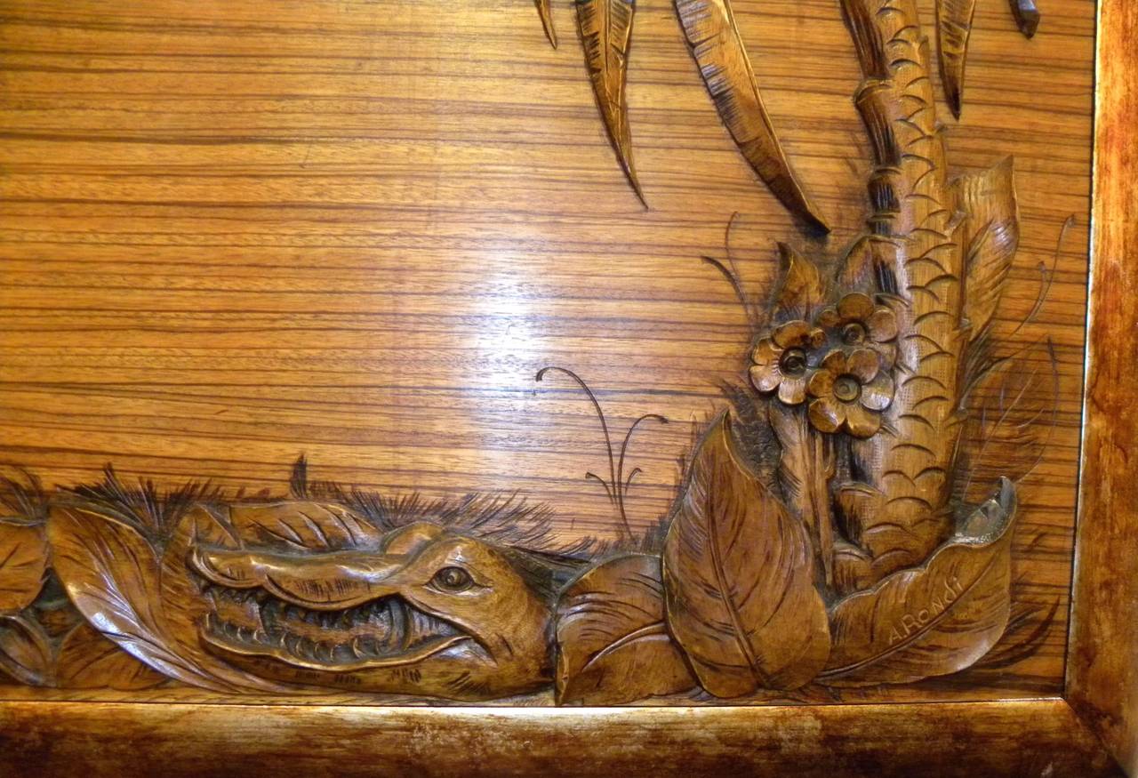 Tropical Art Deco Jungle Scene Carved Panel on Zebra Wood Painting at