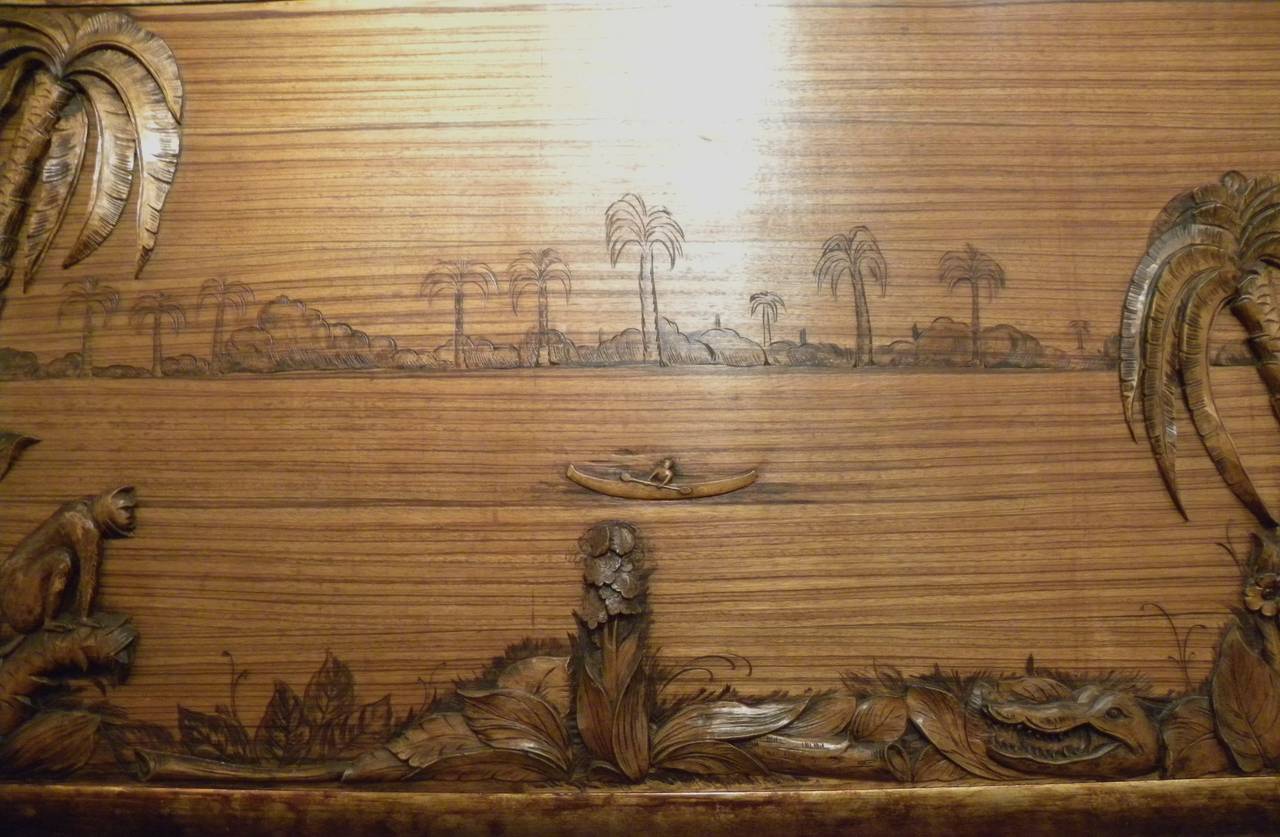Tropical Art Deco Jungle Scene Carved Panel on Zebra Wood Painting at