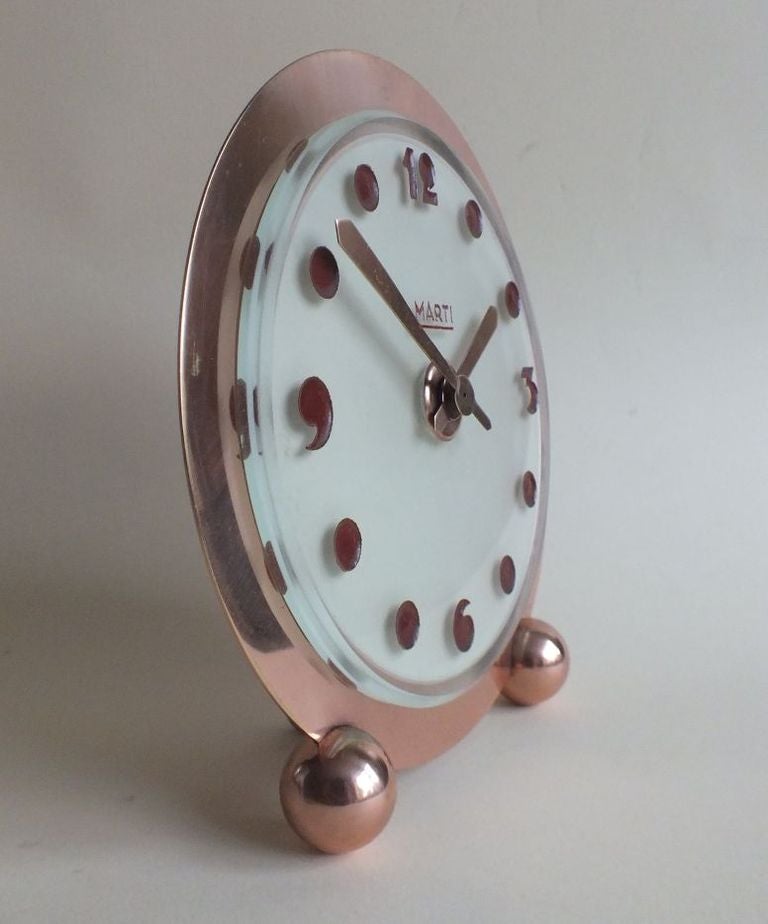 French Art Deco Streamline Marti 8 Day Clock Etched Glass Dial Copper Plate In Excellent Condition In Oakland, CA
