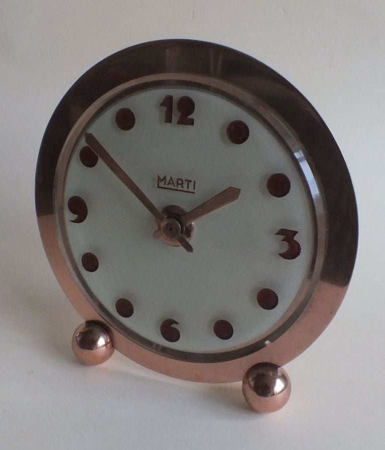 Mid-20th Century French Art Deco Streamline Marti 8 Day Clock Etched Glass Dial Copper Plate