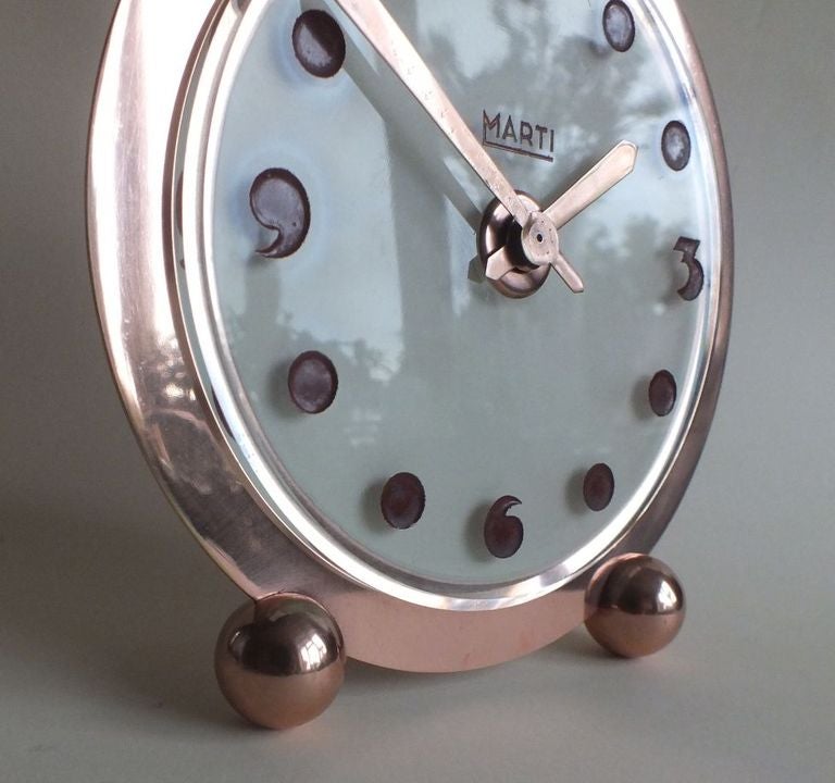 French Art Deco Streamline Marti 8 Day Clock Etched Glass Dial Copper Plate 2