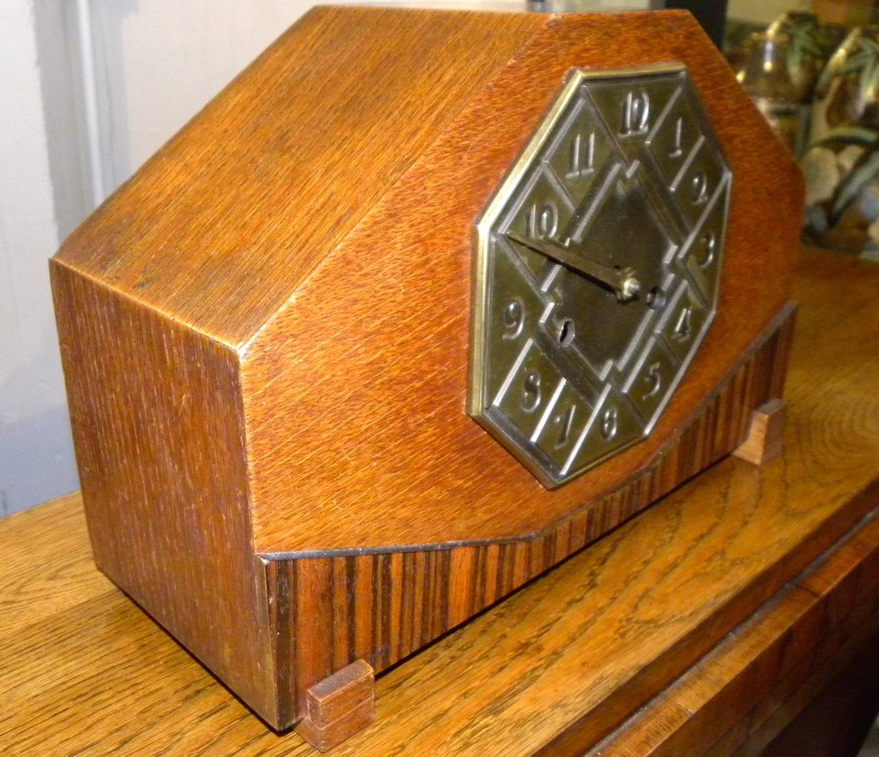 Striking Art Deco Mantle Clock with Mixed Wood and Brass Detail In Good Condition For Sale In Oakland, CA