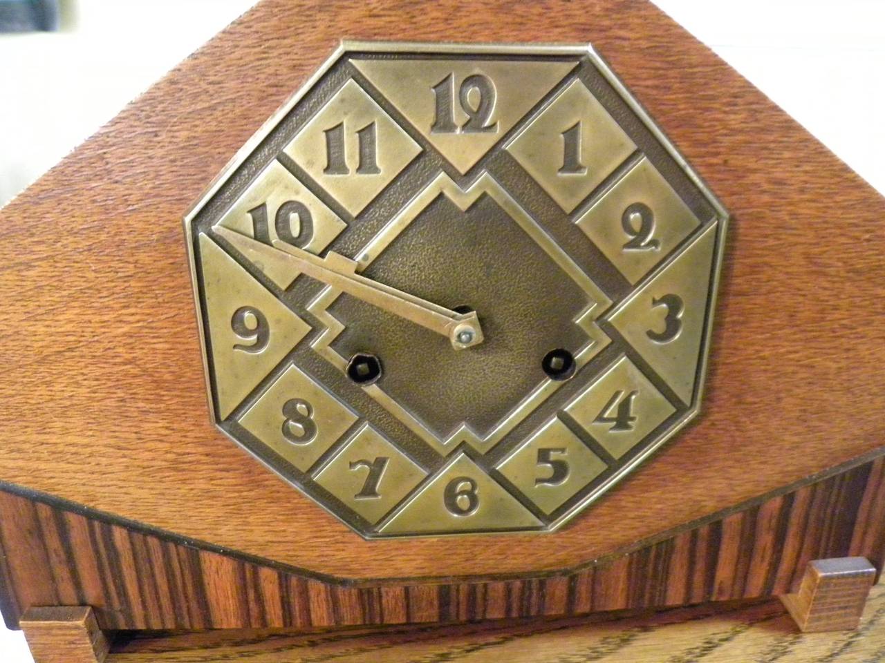 Dutch Striking Art Deco Mantle Clock with Mixed Wood and Brass Detail For Sale